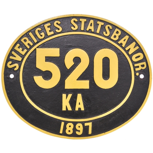 126 - A Swedish State Railways cabside numberplate, SVERIGES STATSBANOR, 520KA, 1897, from a  standard gau... 