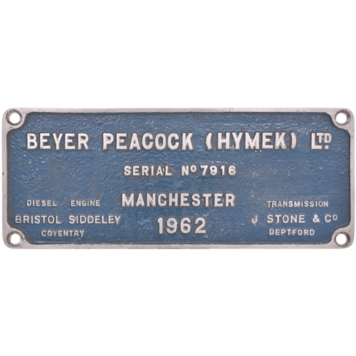 129 - A worksplate, BEYER PEACOCK (HYMEK) 7916, 1962 ,from a BR Class 35 Hymek No D7022 built in February ... 