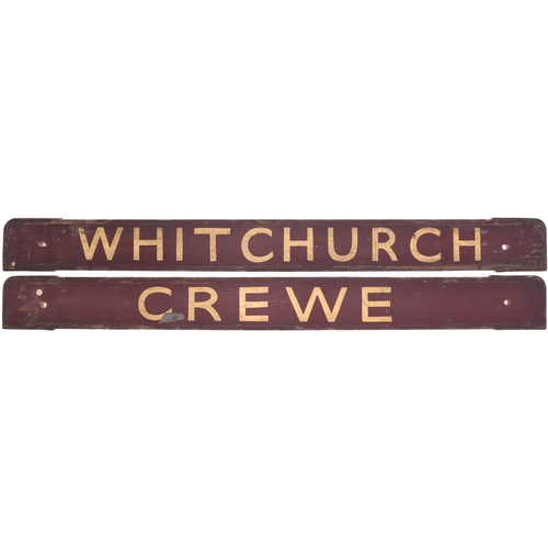 142 - A small carriage board, WHITCHURCH-CREWE, used on local services. Painted wood, length 32