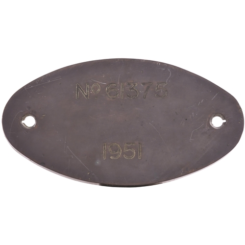 145 - A works numberplate, No 61375, 1951, from a (LNER) B1 Class 4-6-0 built by the North British Locomot... 