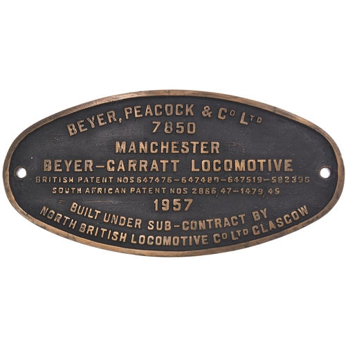 173 - A worksplate, BEYER PEACOCK, 7850, 1957, from a South African Railways 3ft 6ins gauge Class GMAM Bey... 