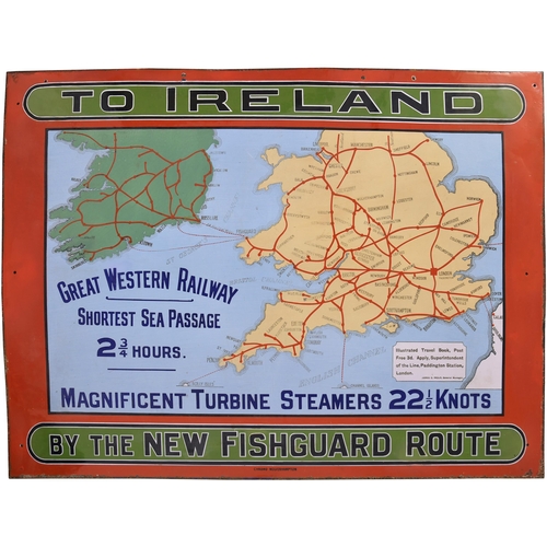 174 - A GWR advertising sign, TO IRELAND VIA THE NEW FISHGUARD ROUTE, some restoration to the border and t... 