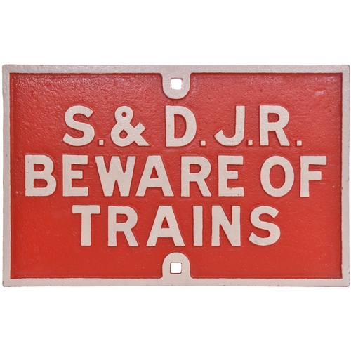 180 - A Somerset and Dorset Joint Railway warning notice, S&DJR, BEWARE OF TRAINS, cast iron, 25¾