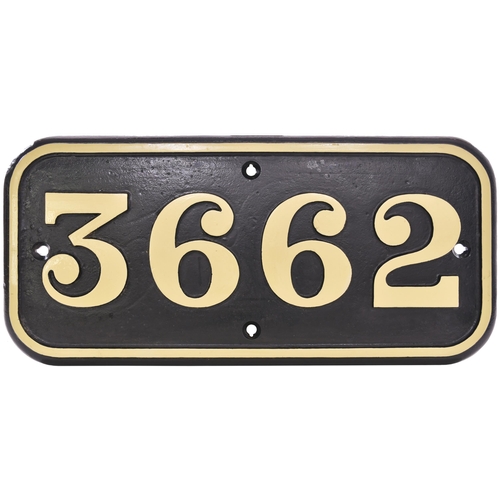 181 - A GWR cabside numberplate, 3662, from a 8750 Class 0-6-0PT built at Swindon in February 1940. It spe... 