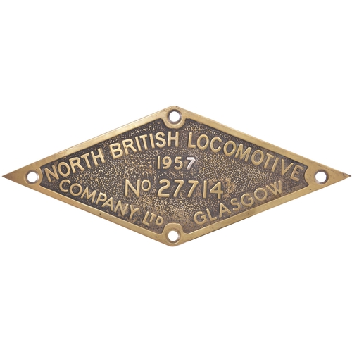 185 - A worksplate, NORTH BRITISH LOCOMOTIVE CO, 27714, 1957, from a BR 0-4-0 diesel Hydraulic shunter No ... 