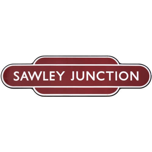 201 - A BR(M) totem sign, SAWLEY JUNCTION, (f/f), from the Trent to Derby route. The station was renamed L... 