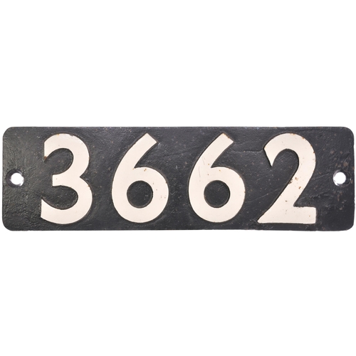 212 - A smokebox numberplate, 3662, from a GWR 8750 Class 0-6-0PT. The front repainted, a weld repair to t... 