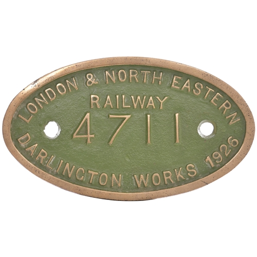 225 - A worksplate, LONDON & NORTH EASTERN RAILWAY, 4711, DARLINGTON, 1926, from a LNER J39 Class 0-6-0 No... 