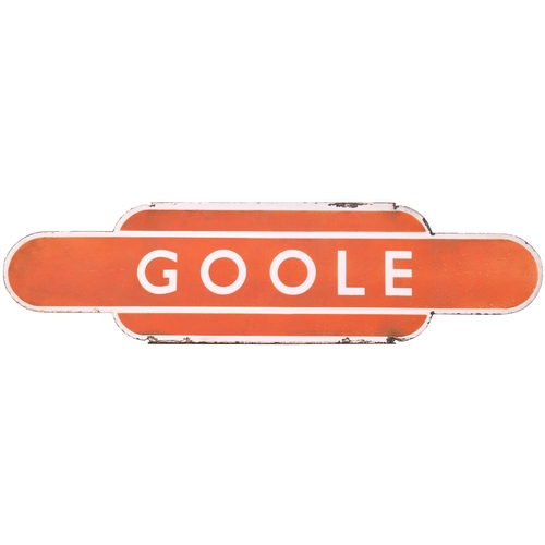 246 - A BR(NE) totem sign, GOOLE, (h/f), from the Doncaster to Hull route. Loss of shine, orange dirty in ... 