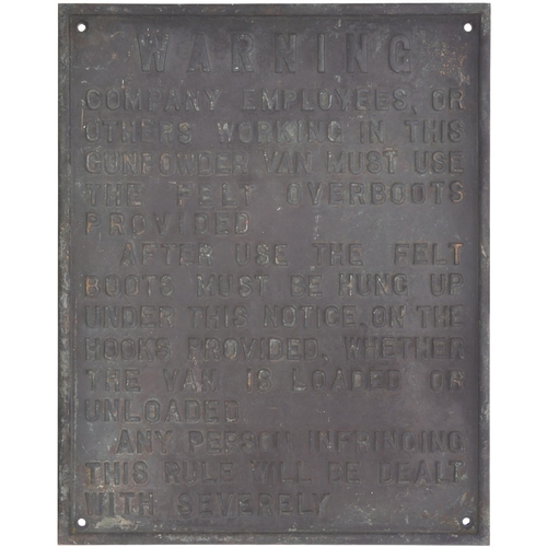 248 - A gunpowder van instruction plate, referring to the use of felt overboots when entering the van and ... 