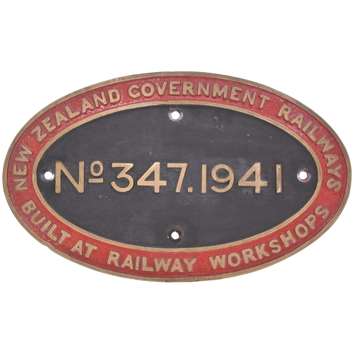 279 - A worksplate, NEW ZEALAND GOVERNMENT RAILWAY, No 347, 1941, BUILT AT RAILWAY WORKSHOPS, from a NZR C... 