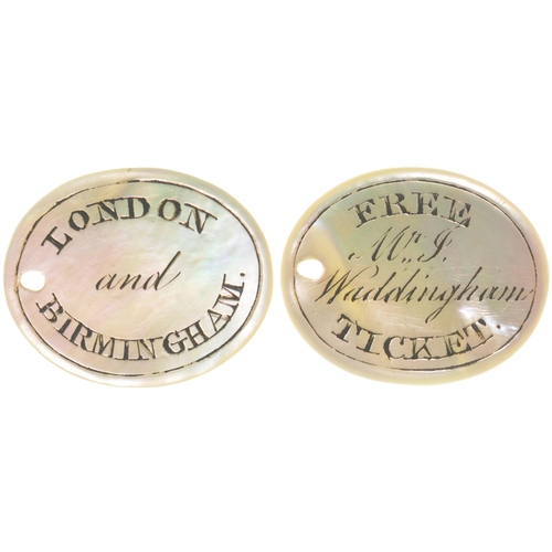 293 - A directors pass, LONDON & BIRMINGHAM RAILWAY, FREE TICKET MR J WADDINGHAM, mother of pearl, 1 1/8