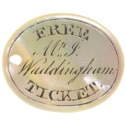 293 - A directors pass, LONDON & BIRMINGHAM RAILWAY, FREE TICKET MR J WADDINGHAM, mother of pearl, 1 1/8