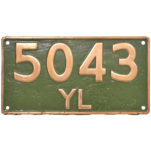 297 - An Indian Railways cabside numberplate, 5043 YL, from a metre gauge Class YL 2-6-2 built by Hitachi,... 