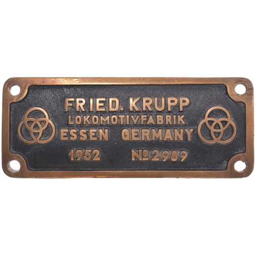 303 - A worksplate, FRIED KRUPP, LOCOMOTIVFABRIK, ESSEN GERMANY, 1952, No. 2989, from a South African Rail... 