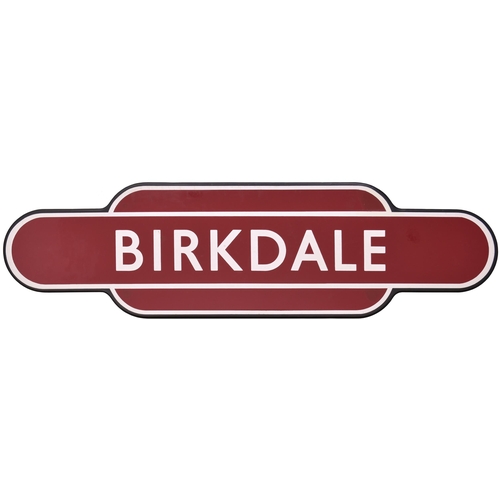A BR(M) totem sign, BIRKDALE, (f/f), from the Liverpool to Southport route. Excellent colour and shine, face fixing but holes filled and colour neatly matches, chipping restored around top right hole, a little loss of shine far right. (Postage Band: D)