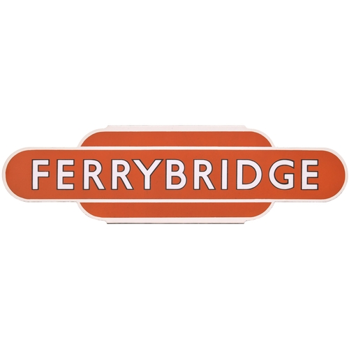 328 - A BR(NE) totem sign, FERRYBRIDGE, (h/f, black-edged lettering). The station was north of Pontefract ... 