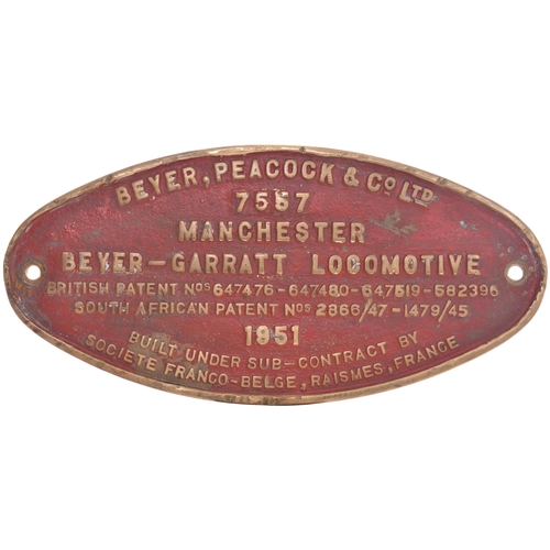 329 - A worksplate, BEYER PEACOCK, FRANCO-BELGE, 7557, 1951, from a 3ft 6ins gauge 4-6-4+4-6-4 Garratt bui... 