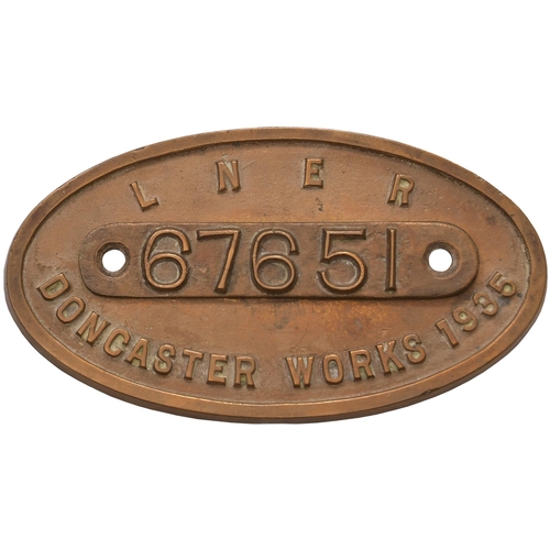 338 - A worksplate, LONDON & NORTH EASTERN RAILWAY, 67651, DONCASTER, 1935, from a LNER V1 Class 2-6-2T No... 