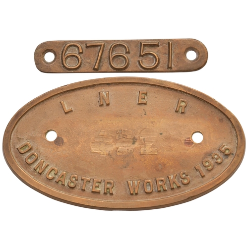 338 - A worksplate, LONDON & NORTH EASTERN RAILWAY, 67651, DONCASTER, 1935, from a LNER V1 Class 2-6-2T No... 