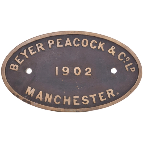 355 - A worksplate, BEYER PEACOCK, 1902, from a Tasmanian Government Railways 3ft 6ins gauge C Class 2-6-0... 