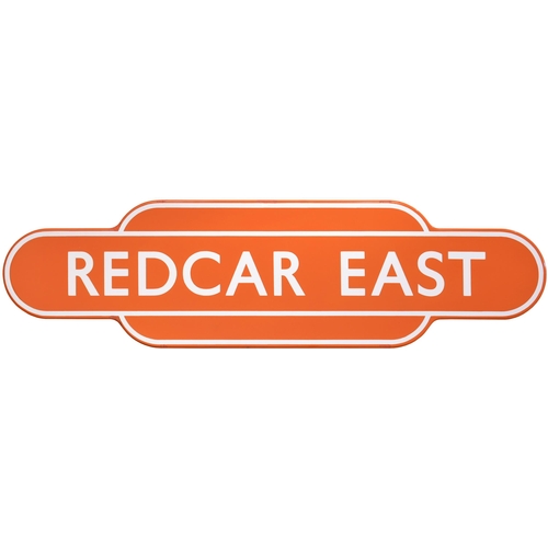 356 - A BR(NE) totem sign, REDCAR EAST, (f/f), from the Darlington to Saltburn route. Excellent colour and... 