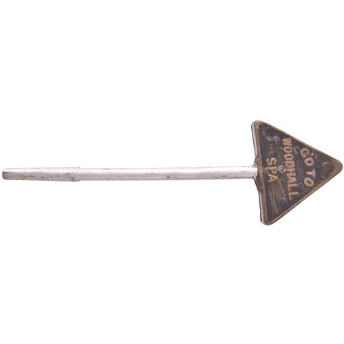 A train staff for the section between Woodhall Spa and Horncastle, used for staff and ticket working, the cast brass triangular head inscribed GO TO HORNCASTLE / GO TO WOODHALL SPA, 5½"x4¾". The GNR branch from Woodhall Junction to Horncastle closed to passengers in 1954 and freight in 1971. It ran east from the Boston to Lincoln route. (Postage Band: C)