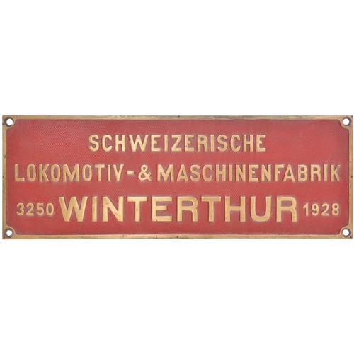 367 - A Swiss locomotive worksplate, SCHWEIZERISCHE LOCOMOTIV & MASCHINENFABRIK, WINTERTHUR, 3250, 1928, f... 