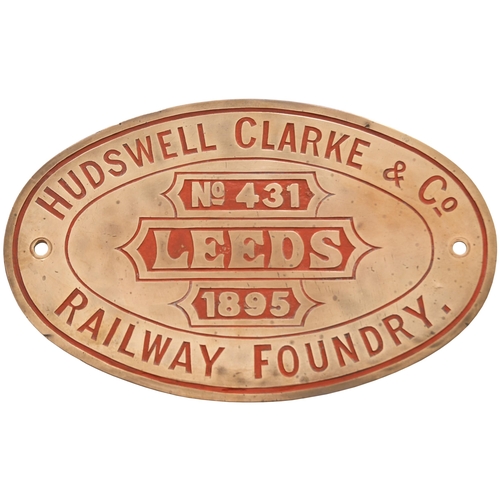 385 - A worksplate, HUDSWELL CLARKE, 431, 1895, from a standard gauge 0-6-0ST new to Sheepbridge Coal & Ir... 