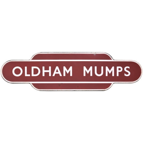 388 - A BR(M) totem sign, OLDHAM MUMPS, (f/f), one of the Lancashire town's five stations. Good colour, a ... 