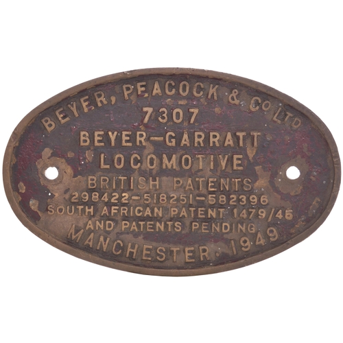 393 - A worksplate, BEYER PEACOCK, 7307, 1949, from an East African Railways metre gauge 4-8-4+4-8-4 Beyer... 