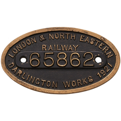 424 - A worksplate, LONDON & NORTH EASTERN RAILWAY, 65862, DARLINGTON, 1921, from a North Eastern Railway ... 