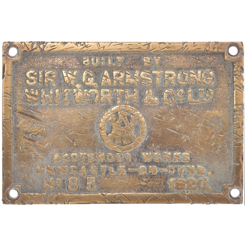 428 - A worksplate, ARMSTRONG WHITWORTH, 85, 1920, from a 5ft 6ins gauge Class G 2-8-0 new to The Bombay, ... 