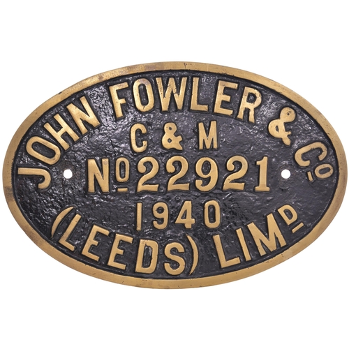 436 - A worksplate, JOHN FOWLER, 22921, 1940, from a standard gauge 150HP 0-4-0 diesel mechanical locomoti... 