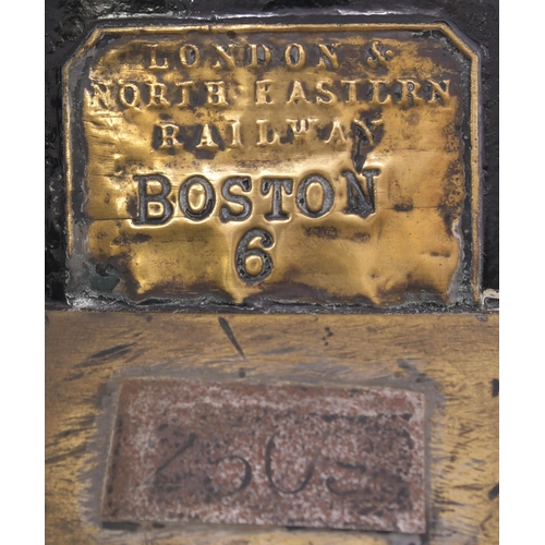 440 - A Great Northern Railway pot lamp, with a later brass plate, LNER, BOSTON 6, added, the brass hinge ... 