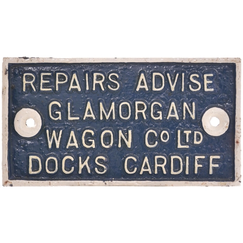 445 - A wagonplate, REPAIRS ADVISE, GLAMORGAN WAGON CO LTD, DOCKS CARDIFF, cast iron, 6¾