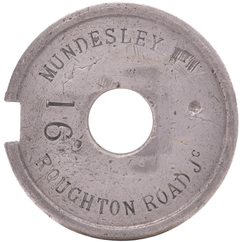 63 - A Tyers No 6 single line tablet, MUNDESLEY-ROUGHTON ROAD JC, (alloy), from the Norfolk and Suffolk J... 