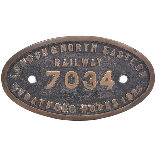 70 - A worksplate, LONDON & NORTH EASTERN RAILWAY, 7034, STRATFORD, 1923, from a LNER J68 Class 0-6-0T No... 