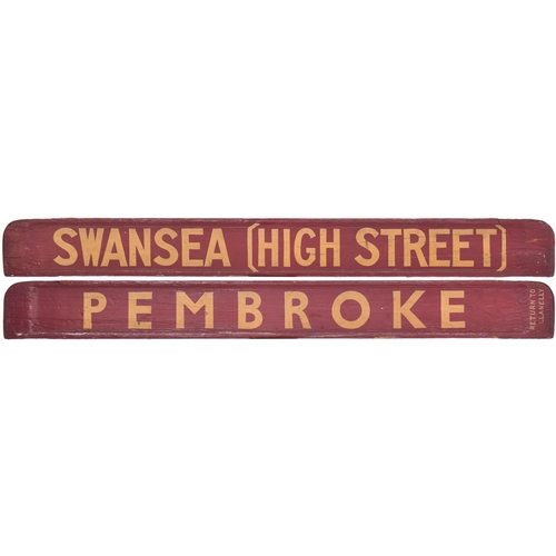 83 - A small carriage board, PEMBROKE-SWANSEA (HIGH STREET), the end marked Return To Llanelly, painted w... 