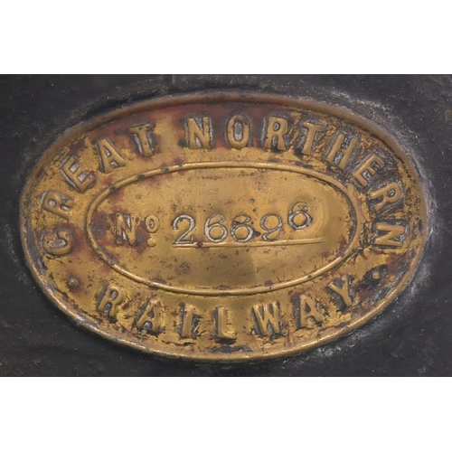 1003 - GNR signal lamp case, LEEDS CENTRAL, copper plate on collar, GNR brass plate on the front. (Dispatch... 