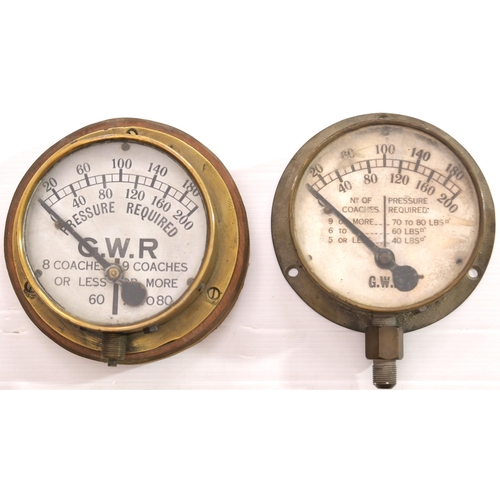 1013 - GWR pressure gauge, 8 coaches or less 60, 9 coaches or more 70-80, brass case, 5