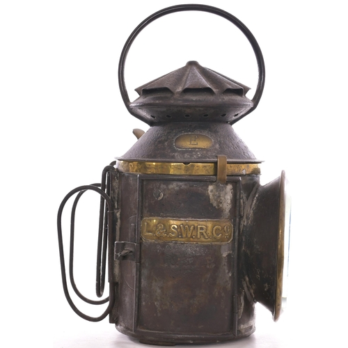 1017 - LSWR handlamp, with embossed brass plate bearing the company initials on the side door, brass band t... 