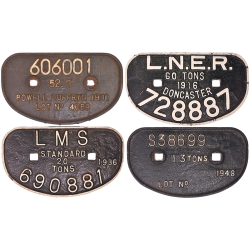 1020 - D wagonplates, LNER 60T DONCASTER 1916, P D 52T Lot No 4069, LMS 20T 1936 (year offset), S 13T 1948.... 