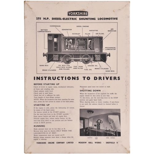 1022 - Yorkshire Engine Co 275 HP diesel electric shunting locomotive, instructions to drivers, laminated o... 