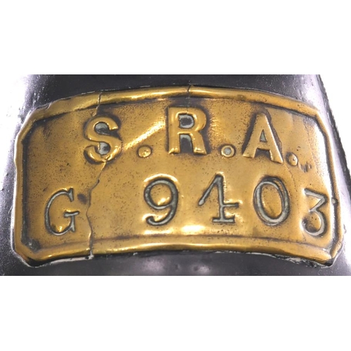 1023 - SECR square fronted handlamp with brass plate S R A, G9403, body and top both stamped SECR, top 9403... 