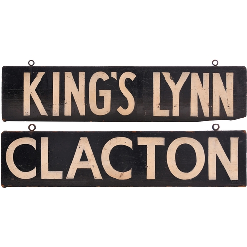 1039 - Departure boards, CLACTON, KINGS LYNN, small size, from the Liverpool Street indicator, painted wood... 