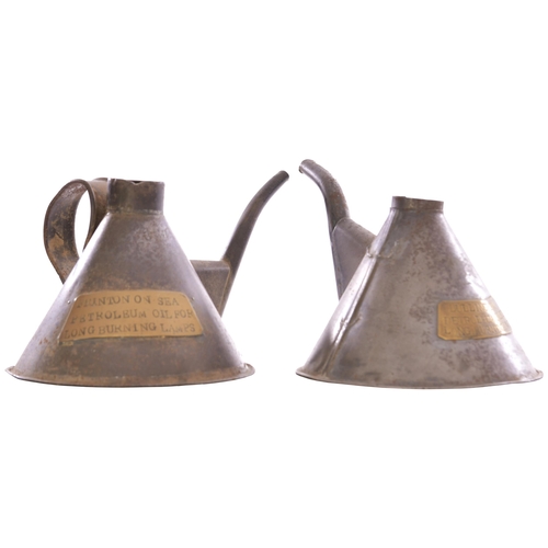 1054 - GER oil cans, FRINTON-ON-SEA and DULLINGHAM PETROLEUM OIL FOR LONG BURNING LAMPS, each stamped GER, ... 