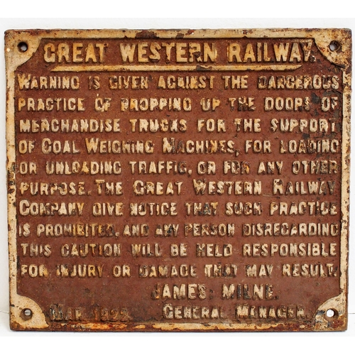 311 - Great Western Railway C/I propping up doors notice, James Milne 1922, 14¼