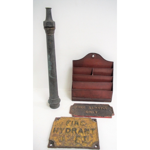 Lancashire & Yorkshire Railway fire hose/nozzle stamped "LYR G STORE" 24" long, two C/I notices "FIRE SERVICE ONLY" 11¼"x 5¼", "FIRE HYDRANT 3FT" 10"x 8", both in attractive original paintwork. LYR pattern tinplate leaflet rack (not marked) in good condition. (4) (Dispatch by Mailboxes/Collect from Banbury Depot)