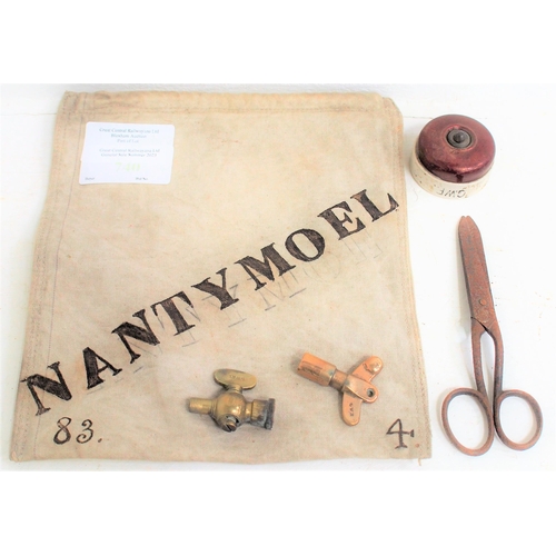 Great Western Railway canvas cash bag "GWR NANTYMOEL 83"/ "Cardiff Queen Street", GWR 1 way toggle mains light switch, GWR carriage brass gas key, GWR gas tap, GWR scissors. (5) (Dispatch by Mailboxes/Collect from Banbury Depot)